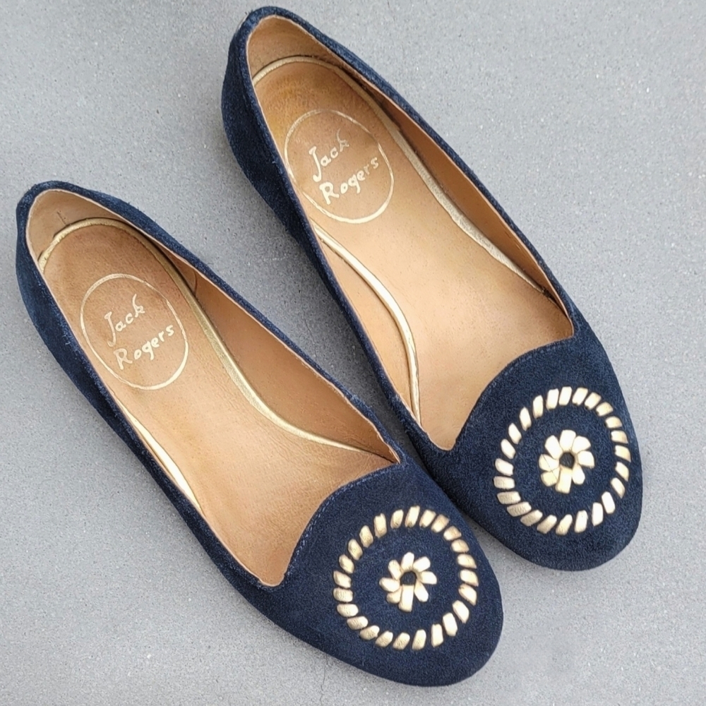 JACK Rogers Ballet Flat 5 Blue suede Gold - Picture 1 of 11